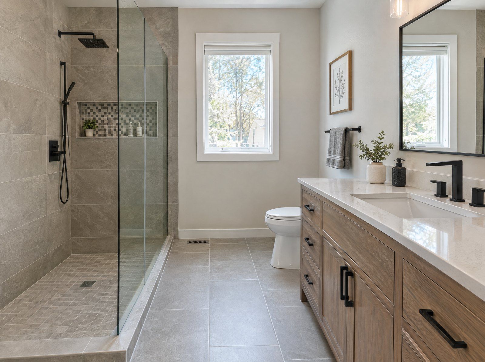 Remodeled bathroom with tiled walk-in shower, glass panel and wood vanity