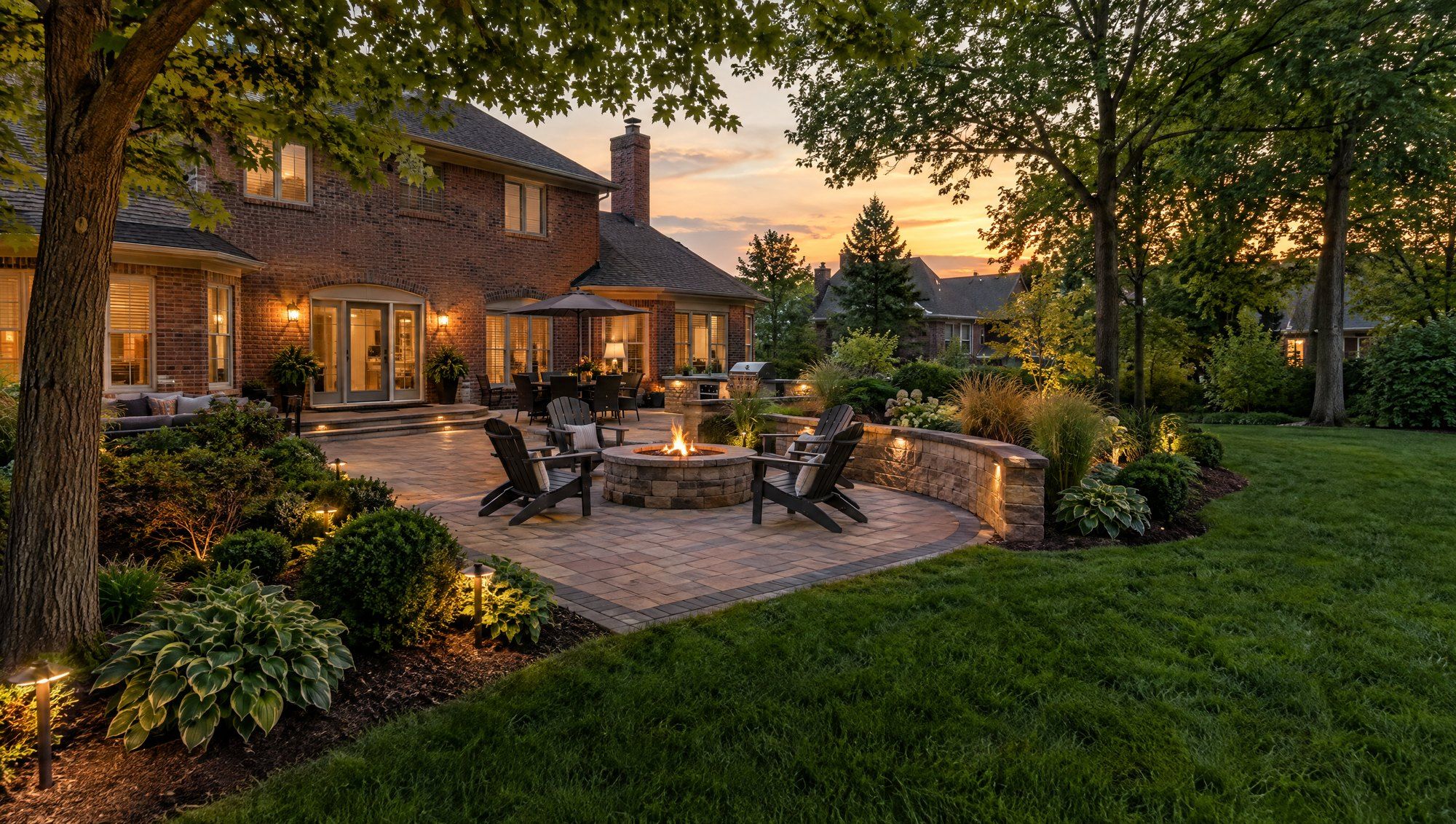 Backyard paver patio with a stone fire pit, retaining wall planting beds and warm landscape lighting at dusk