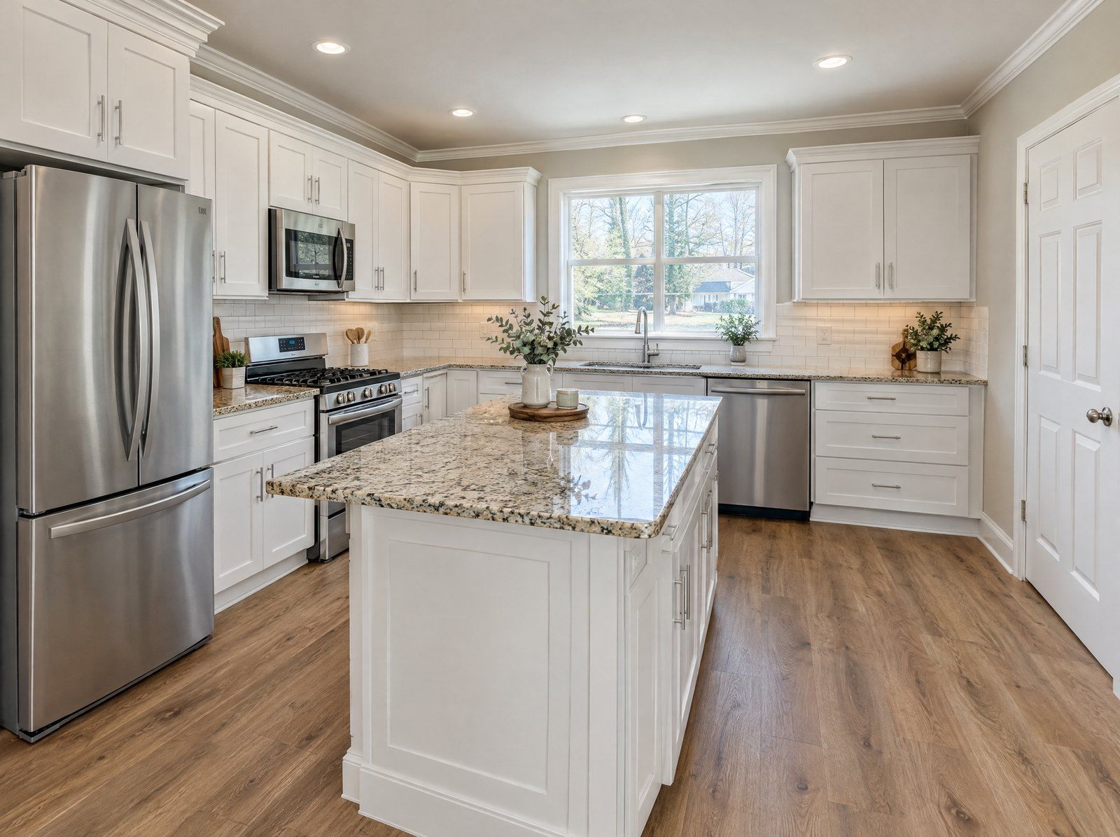 Renovated kitchen with white shaker cabinets, granite island, subway tile backsplash and plank flooring