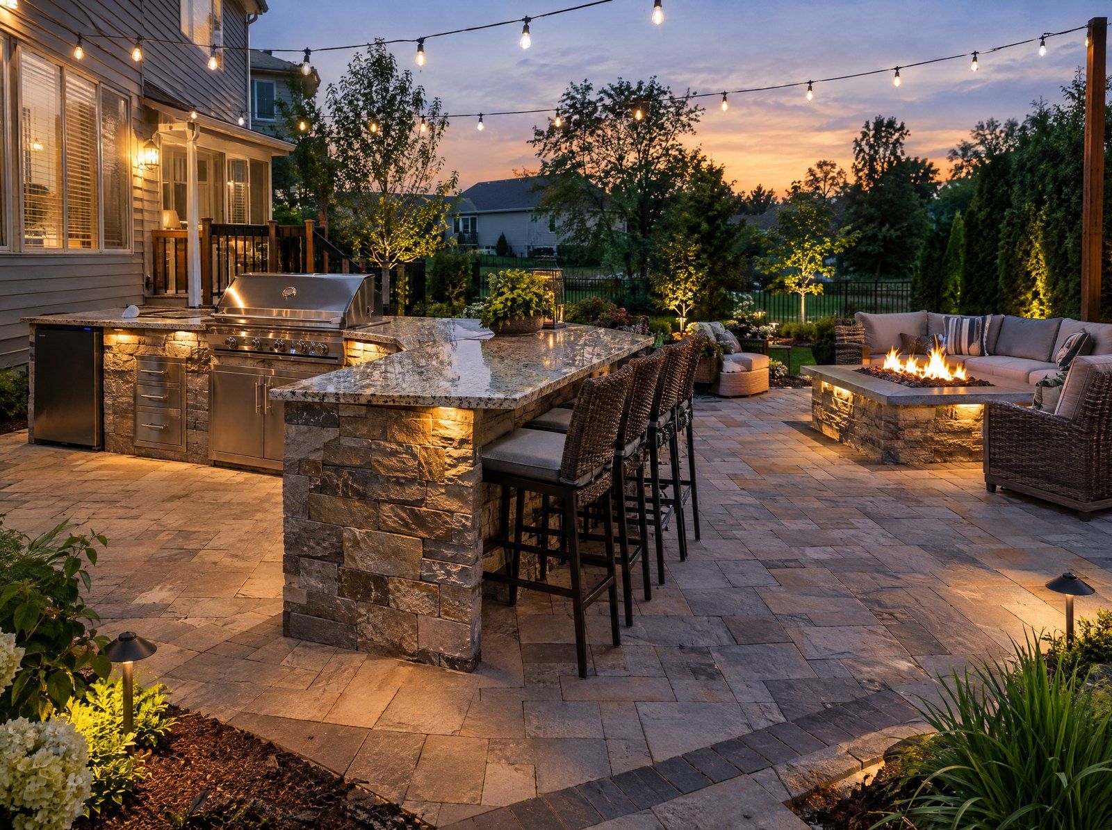 Stone outdoor kitchen island with grill and bar seating beside a gas fire pit