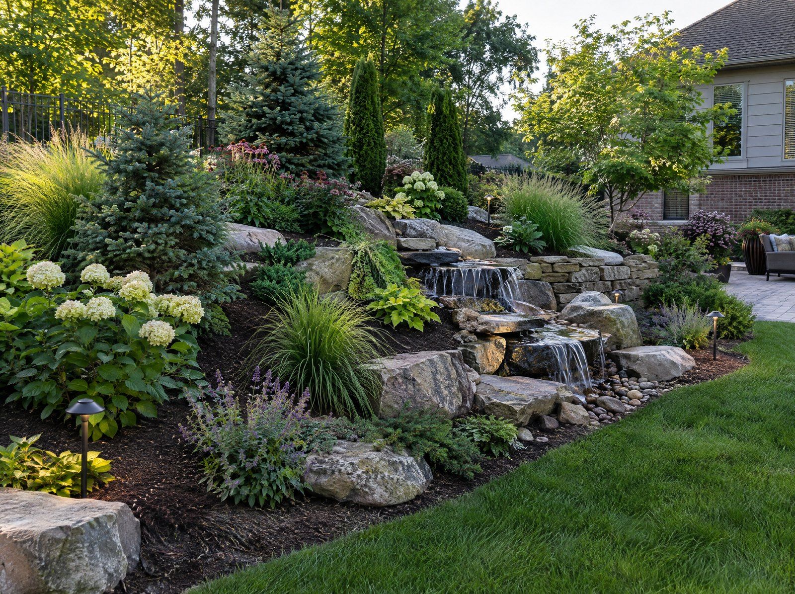 Natural boulder retaining wall with a small waterfall and planted garden