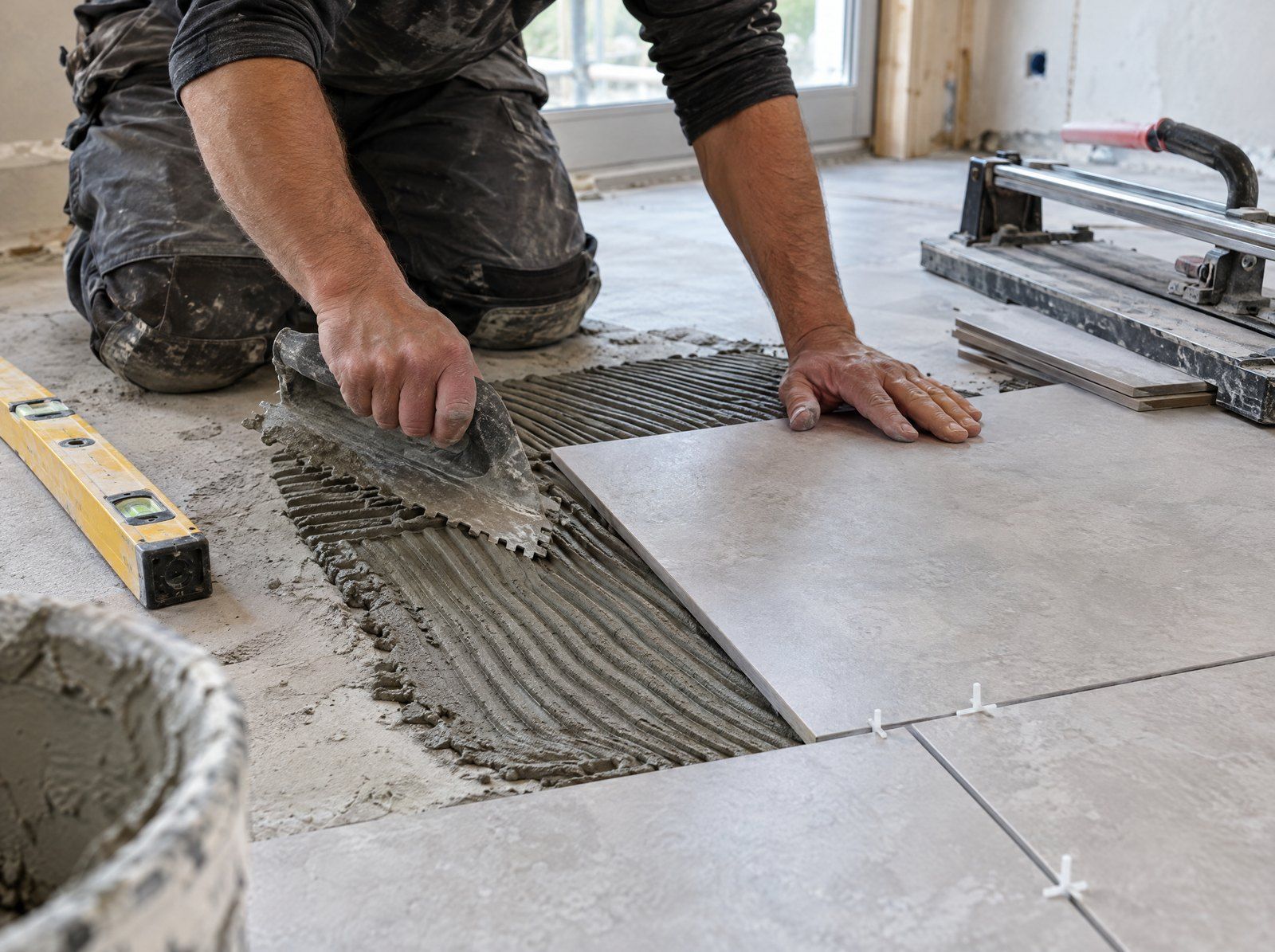 Installer setting large porcelain floor tiles on fresh thinset