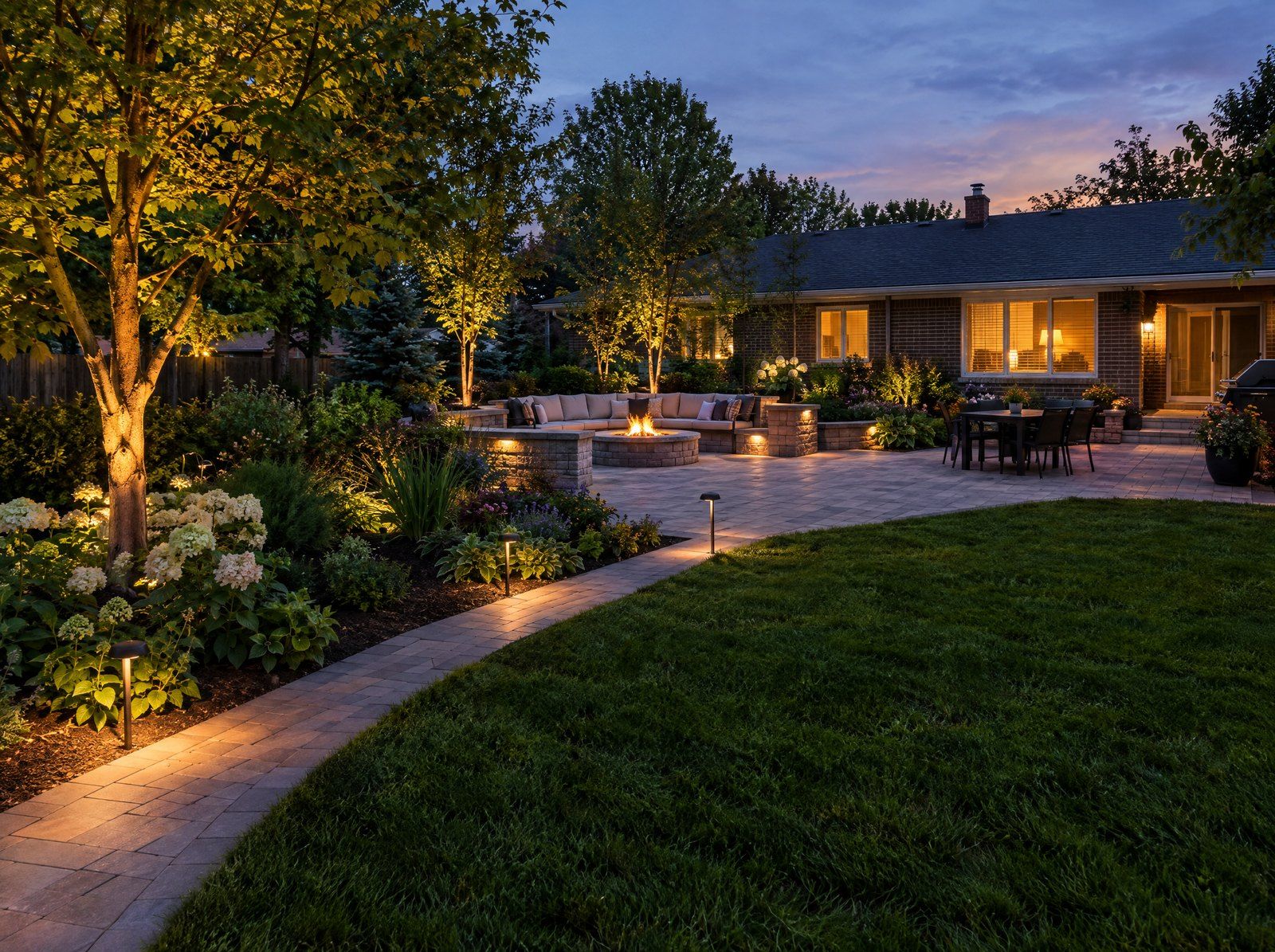 Backyard at twilight with path lights, tree uplighting and a lit paver patio